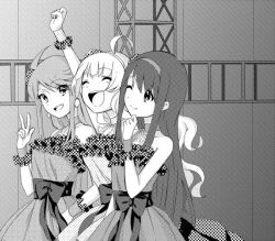 Rule 34 | 3girls, ^ ^, ahoge, bare shoulders, bow, chin, choker, closed eyes, closed mouth, commentary request, dangle earrings, dress, earrings, eyelashes, fist pump, frilled cuffs, greyscale, hairband, hand on own hip, idolmaster, idolmaster million live!, indoors, jewelry, long hair, looking at another, monochrome, multiple girls, one eye closed, open mouth, outstretched arm, shimabara elena, sidelocks, sleeveless, sleeveless dress, smile, straight hair, tanaka kotoha, teeth, tokoro megumi, upper teeth only, v, waist bow, waist sash, wavy hair, witoi (roa), wrist cuffs