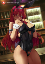 Rule 34 | 1girl, animal ears, araneesama, bare shoulders, black leotard, breasts, cleavage, erza scarlet, fairy tail, fake animal ears, highleg, highleg leotard, highres, large breasts, leotard, long hair, looking at viewer, playboy bunny, rabbit ears, rabbit tail, red eyes, red hair, solo, tail, thighs, wrist cuffs