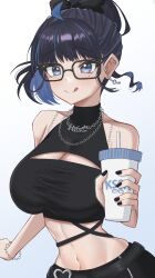 Rule 34 | 1girl, :q, absurdres, ahoge, bare shoulders, bead bracelet, beads, belt, black-framed eyewear, black belt, black hair, black pants, black shirt, blue eyes, blue hair, bracelet, breasts, chain necklace, character name, cleavage, cleavage cutout, clothing cutout, colored inner hair, crop top, cup, disposable cup, earrings, glasses, high ponytail, highres, holding, holding cup, jewelry, kson, kson (6th costume), large breasts, midriff, multicolored hair, narrow waist, navel, necklace, nyu-tan94, official alternate costume, pants, shirt, short hair, simple background, solo, stomach, streaked hair, stud earrings, tongue, tongue out, turtleneck, virtual youtuber, vshojo, white background