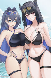 Rule 34 | 2girls, absurdres, asymmetrical docking, beach, bikini, black bikini, blue eyes, breast press, breasts, brulee, colored inner hair, eyewear on head, glint, grin, hair intakes, hand on another&#039;s hip, highres, hololive, hololive english, horns, large breasts, mole, mole under eye, multicolored hair, multiple girls, navel, nerissa ravencroft, ocean, ouro kronii, parted lips, red eyes, smile, stomach, sunglasses, swimsuit, thigh strap, two-tone hair, virtual youtuber