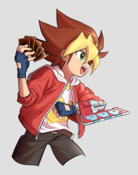 Rule 34 | 1boy, belt, blonde hair, brown belt, brown hair, card, character request, commentary request, duel disk, fingerless gloves, gloves, green eyes, grey background, hair between eyes, holding, holding card, jacket, koma yoichi, male focus, multicolored hair, open clothes, open jacket, open mouth, shirt, smile, solo, spiked hair, teeth, tongue, two-tone hair, upper teeth only, white shirt, yu-gi-oh!, yu-gi-oh! sevens, zipper pull tab