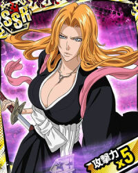 black_kimono bleach breasts cleavage huge_breasts japanese_clothes kimono large_breasts lowres matsumoto_rangiku non-web_source official_art orange_hair pink_shawl shawl wavy_hair