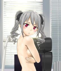 Rule 34 | 10s, 1girl, breasts, covering privates, covering breasts, drill hair, idolmaster, idolmaster cinderella girls, kaiyuna, kanzaki ranko, long hair, pout, red eyes, silver hair, solo, topless, twin drills, twintails