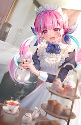 Rule 34 | 1girl, :d, absurdres, ahoge, alternate costume, apron, blush, candlestand, cup, dress, enmaided, highres, hololive, huge filesize, indoors, lace-trimmed apron, lace trim, long hair, looking at viewer, maid, maid apron, maid day, maid headdress, md5 mismatch, mikemomonga, minato aqua, open mouth, pinafore dress, pink eyes, pink hair, resolution mismatch, sidelocks, sleeveless, sleeveless dress, smile, solo, source smaller, standing, teacup, teapot, twintails, virtual youtuber