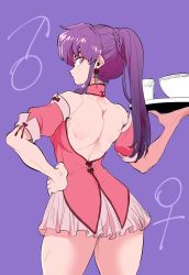 Rule 34 | 1girl, backless dress, backless outfit, blue eyes, bowl, commentary request, copyright request, cowboy shot, cup, detached sleeves, dress, earrings, from behind, hand on own hip, highres, holding, holding tray, jewelry, long hair, looking at viewer, looking back, marimo (yousei ranbu), pink dress, ponytail, profile, purple background, purple hair, simple background, solo, tray