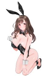 Rule 34 | 1girl, absurdres, animal ears, bare arms, bare shoulders, black bow, black bowtie, black footwear, black hairband, black leotard, blush, bow, bowtie, breasts, brown eyes, brown hair, brown pantyhose, cleavage, closed mouth, detached collar, djheycha, fake animal ears, full body, hairband, hand on own knee, hand up, highres, idolmaster, idolmaster shiny colors, kneeling, large breasts, leotard, long hair, looking at viewer, pantyhose, playboy bunny, shiny skin, shoes, smile, solo, strapless, strapless leotard, sweatdrop, transparent background, tsukioka kogane, wrist cuffs