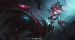 Rule 34 | 1girl, absurdres, air bubble, artist name, black sclera, boat, bubble, colored sclera, coven nami, highres, holding, holding weapon, league of legends, light smile, long hair, looking ahead, nami (league of legends), official alternate costume, official alternate hairstyle, outdoors, parted lips, pink hair, red eyes, solo, tentacles, underwater, watercraft, weapon, zhouzx1026