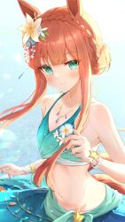 Rule 34 | 1girl, absurdres, animal ears, aqua eyes, bare shoulders, bikini, blue bikini, blunt bangs, blunt ends, blush, braid, breasts, cleavage, closed mouth, collarbone, commentary, crown braid, ear flower, flower, flower on chest, groin, hair bun, hair flower, hair ornament, highres, horse ears, horse girl, long hair, looking at viewer, navel, official alternate costume, official alternate hairstyle, orange hair, ribs, sarong, sidelocks, silence suzuka (emerald on the waves) (umamusume), silence suzuka (umamusume), single side bun, sky cappuccino, small breasts, smile, solo, stomach, swimsuit, umamusume, upper body, wristband