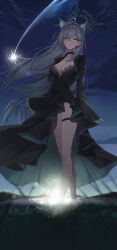 Rule 34 | 1girl, absurdres, ahoge, animal ears, bare legs, barefoot, black choker, black dress, black jacket, blue archive, blue eyes, breasts, bright pupils, choker, cleavage, cropped jacket, dress, extra ears, floating hair, fox ears, full body, gnns, grey hair, halo, highres, jacket, large breasts, long dress, long hair, long sleeves, looking at viewer, open clothes, open jacket, outdoors, parted lips, shiroko (blue archive), shiroko terror (blue archive), shooting star, skindentation, sleeves past fingers, sleeves past wrists, solo, standing, star (sky), sunset, thigh strap, thighs, very long hair