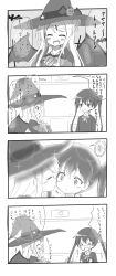 Rule 34 | &gt; &lt;, 10s, 4koma, ^^^, animal, bassa, bat (animal), bat wings, blush, bow, bowtie, candy, comic, commentary, costume, embarrassed, closed eyes, food, greyscale, hair bun, hair ornament, hat, highres, kin-iro mosaic, kiss, komichi aya, kujou karen, laughing, long hair, looking at another, monochrome, open mouth, single hair bun, smile, speech bubble, surprised, text focus, translation request, twintails, wings, witch hat, x hair ornament, yuri
