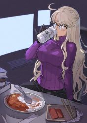 Rule 34 | 1girl, ahoge, alcohol, alma armas, artist name, beer, beer can, black-framed eyewear, black gloves, black pants, blonde hair, book, book stack, brand name imitation, breasts, can, chair, chopsticks, commentary, commission, curry, curry rice, dark-skinned female, dark skin, drink, drink can, drinking, english commentary, expressionless, food, glasses, gloves, highres, holding, holding can, holding drink, jun (navigavi), keyboard, large breasts, long hair, long sleeves, looking at viewer, mixed-language commentary, monitor, pants, plate, purple sweater, ribbed sweater, rice, semi-rimless eyewear, signature, skeb commission, solo, spoon, sweater, turtleneck, turtleneck sweater, va-11 hall-a, yellow eyes