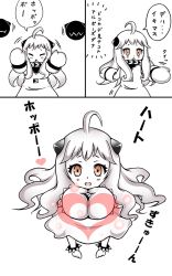 Rule 34 | 10s, 1girl, abyssal ship, ahoge, colored skin, comic, dress, heart, heart hands, highres, horns, kantai collection, long hair, looking at viewer, mittens, monochrome, northern ocean princess, orange eyes, roshiakouji-chan, solo, translation request, white dress, white hair, white skin