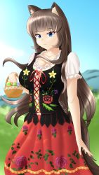 Rule 34 | 1girl, :3, absurdres, animal ears, black corset, blue eyes, brown hair, brown tail, cat ears, cat girl, corset, dress, easter, easter egg, egg, fluffy, highres, long hair, original, polish clothes, red dress, simple background, takie, takie arts, traditional clothes