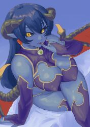 Rule 34 | 1girl, astaroth (shinrabanshou), black sclera, blue hair, blue skin, breasts, bridal gauntlets, clothing cutout, colored sclera, colored skin, covered erect nipples, demon girl, earrings, finger to mouth, heart, heart earrings, horns, jewelry, large breasts, long hair, looking at viewer, navel cutout, pikokame, pointy ears, purple footwear, red wings, shinrabanshou, solo, tail, thighhighs, wings, yellow eyes