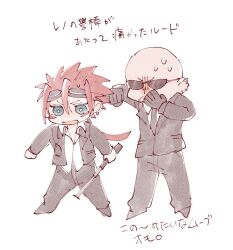 Rule 34 | 2boys, bald, black footwear, black gloves, black necktie, black suit, blue eyes, chibi, collared shirt, distress, ear piercing, earrings, facial hair, facial mark, final fantasy, final fantasy vii, formal, gloves, goggles, goggles on head, headwear request, highres, holding, holding weapon, hoop earrings, jacket, jewelry, long hair, male focus, messy hair, multiple boys, multiple piercings, necktie, nitoya 00630a, open mouth, pants, piercing, ponytail, red hair, reno (ff7), rude (ff7), shirt, shoes, suit, sunglasses, weapon, white shirt