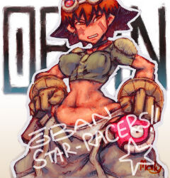 Rule 34 | 1girl, baggy pants, commentary, copyright name, covered erect nipples, ear piercing, english text, eva wei, facial mark, gloves, goggles, goggles on head, hands on own hips, kyogo, midriff, navel, oban star-racers, open mouth, pants, piercing, red eyes, red hair, short hair, signature, simple background, solo, standing, star (symbol), v-shaped eyebrows, white background, yellow gloves