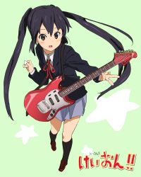 Rule 34 | 1girl, bad id, bad pixiv id, black hair, brown eyes, copyright name, electric guitar, green background, guitar, highres, instrument, k-on!, karei (hirameme), nakano azusa, neck ribbon, open mouth, plectrum, red ribbon, ribbon, school uniform, simple background, solo, star (symbol), twintails, uro (colossus)