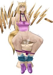 Rule 34 | 1girl, absurdres, animal ears, arm support, bell, biku, blonde hair, blue eyes, blue shorts, blush, breasts, brown eyes, cat ears, cat girl, cat tail, cleavage, clothes pull, coconut (nekopara), collar, collarbone, denim, denim shorts, heterochromia, high heels, highres, large breasts, long hair, looking up, neck bell, nekopara, open mouth, panties, panty pull, peeing, pink shirt, purple footwear, purple panties, pussy, relief, shirt, shoes, shorts, shorts pull, sitting, sweat, tail, tank top, tears, toilet, toilet use, trembling, uncensored, underwear, white background