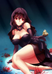Rule 34 | 1girl, ahsiu, alternate costume, anklet, bare legs, bare shoulders, barefoot, breasts, bug, butterfly, butterfly on hand, cleavage, elbow gloves, fate/grand order, fate (series), flower, gloves, hair between eyes, highres, insect, jewelry, large breasts, long hair, looking at viewer, lying, on side, parted lips, purple hair, red eyes, scathach (fate), sitting, smile, solo, spider lily, veil