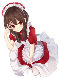 Rule 34 | 1girl, alternate costume, apron, between legs, blush, bow, brown hair, closed mouth, commentary request, dress, enmaided, hand between legs, hand on own face, kono subarashii sekai ni shukufuku wo!, looking at viewer, maid, maid apron, maid headdress, megumin, pantyhose, puffy short sleeves, puffy sleeves, red dress, red eyes, shirousa, short hair with long locks, short sleeves, simple background, sitting, smile, solo, white background, white pantyhose