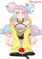 Rule 34 | 1girl, barefoot, blue hair, blush, breasts, character name, closed mouth, collarbone, creatures (company), feet, game freak, highres, iono (pokemon), jacket, laserflip, long hair, looking at viewer, multicolored eyes, multicolored hair, nintendo, pink hair, poke ball, pokemon, pokemon sv, sitting, sleeves past fingers, sleeves past wrists, small breasts, smile, solo, sweat, twintails, two-tone hair, very long hair, wariza, white background, yellow jacket