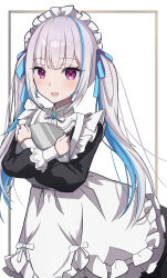 Rule 34 | 1girl, awaomi, grey hair, highres, lize helesta, long sleeves, looking at viewer, maid, multicolored hair, nijisanji, open mouth, purple eyes, solo, streaked hair, twintails, virtual youtuber