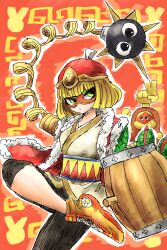 1girl arms_(game) blonde_hair cobushii_(arms) cosplay domino_mask gordo highres kicdon king_dedede king_dedede_(cosplay) kirby_(series) mask min_min_(arms) nintendo orange_background standing standing_on_one_leg super_smash_bros. yellow_shoes