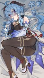 Rule 34 | 1girl, absurdres, ahoge, ass, bad id, bad twitter id, bare shoulders, bed sheet, bell, black gloves, black leotard, blue flower, blue hair, blush, bodystocking, bodysuit, breasts, brown legwear, chinese knot, detached sleeves, eating flower, flower, flower knot, full body, furrowed brow, ganyu (genshin impact), genshin impact, glaze lily, gloves, gold trim, high heels, highres, holding, holding flower, horns, leotard, leotard under clothes, long hair, looking at viewer, low ponytail, lying, medium breasts, neck bell, on side, purple eyes, red rope, rope, sho bu 1116, sidelocks, solo, tassel, thighlet, thighs, vision (genshin impact), white sleeves