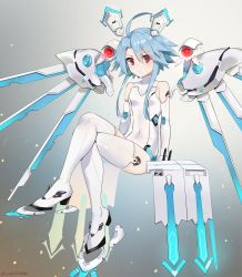 Rule 34 | 1girl, absurdres, artist name, bare shoulders, blue hair, boots, breasts, covered navel, crossed legs, elbow gloves, expressionless, full body, gloves, hair between eyes, headgear, highres, legs, leotard, looking at viewer, mechanical wings, neptune (series), power symbol, power symbol-shaped pupils, red eyes, sendo (sendrawz), short hair with long locks, signature, sitting, skin tight, small breasts, solo, symbol-shaped pupils, thigh boots, thighhighs, thighs, white gloves, white heart (neptunia), white leotard, white thighhighs, wings