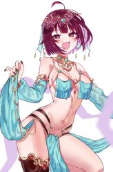 Rule 34 | 1girl, :d, ahoge, arabian clothes, atelier (series), atelier sophie, black nails, blue sleeves, breast curtains, breasts, brown thighhighs, dancer, detached sleeves, hair ornament, highres, jewelry, looking at viewer, medium breasts, nail polish, navel, open mouth, red eyes, red hair, ryuuno6, short hair, simple background, single thighhigh, smile, solo, sophie neuenmuller, stomach, thighhighs, thighs, white background