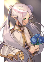 Rule 34 | 1girl, absurdres, alwaysregg, blue flower, capelet, chinese commentary, closed mouth, commentary request, earrings, elf, flower, frieren, gold trim, green eyes, highres, holding, holding flower, jewelry, long hair, outside border, parted bangs, pointy ears, solo, sousou no frieren, white hair