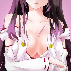 Rule 34 | 10s, 1girl, bad id, bad pixiv id, black hair, blush, breasts squeezed together, breasts, cleavage, close-up, collarbone, detached sleeves, haruna (kancolle), head out of frame, kantai collection, large breasts, long hair, looking at viewer, no bra, nontraditional miko, off shoulder, open mouth, pink background, ribbon-trimmed sleeves, ribbon trim, rko (a470350510), solo, undressing, upper body