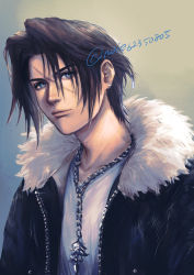 Rule 34 | 1boy, black jacket, blue eyes, brown hair, chain, chain necklace, earrings, final fantasy, final fantasy viii, fur collar, highres, jacket, jewelry, long sleeves, looking at viewer, male focus, necklace, noie (neunteedelstein), parted bangs, scar, scar on face, shirt, short hair, single earring, solo, squall leonhart, twitter username, upper body, white shirt, zipper