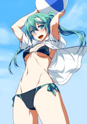 Rule 34 | 1girl, 212 (kisaragi), arms up, bad id, bad pixiv id, ball, beachball, bikini, breasts, covered erect nipples, day, green eyes, green hair, hatsune miku, highres, hood, hoodie, jacket, jacket over swimsuit, long hair, looking at viewer, matching hair/eyes, medium breasts, navel, open mouth, side-tie bikini bottom, sky, solo, swimsuit, twintails, underboob, vocaloid