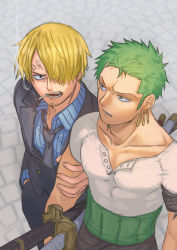 Rule 34 | 2boys, absurdres, aged down, anger vein, bad id, bad twitter id, collarbone, earrings, facial hair, from above, goatee, green hair, hair over one eye, hand on another&#039;s arm, highres, jewelry, katana, long sleeves, looking at another, male focus, multiple boys, necktie, one eye covered, one piece, open clothes, open mouth, open shirt, parted bangs, pectoral cleavage, pectorals, roronoa zoro, sanji (one piece), shirt, short sleeves, sword, tight clothes, tight shirt, upper body, urasanmyaku, veins, weapon