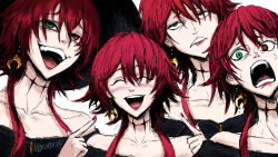 Rule 34 | 1girl, bare shoulders, black choker, choker, commentary, crescent, crescent earrings, crimson (ragna crimson), earrings, eyebrows hidden by hair, frown, green eyes, heterochromia, highres, ibumuc, jewelry, off shoulder, open mouth, pointing, pointing at self, ragna crimson, red eyes, red hair, short hair with long locks, smile
