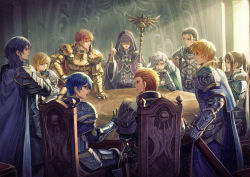 Rule 34 | 6+boys, androgynous, armor, blonde hair, blue eyes, blue hair, bracelet, breastplate, brown eyes, brown hair, cape, chair, cloak, commentary request, fur trim, gauntlets, gold armor, green eyes, hair slicked back, hand on own hip, hand on table, highres, hood, hood up, hooded cloak, index finger raised, interlocked fingers, jewelry, kuroi susumu, looking at another, multiple boys, original, plate armor, ponytail, purple hair, shoulder armor, sitting, staff, sword, table, talking, weapon, white hair, yellow eyes