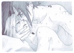 Rule 34 | bare shoulders, bed, blush, closed eyes, couple, doggystyle, haruno sakura, heavy breathing, implied sex, kiss, licking, looking back, monochrome, nami86, naruto, naruto (series), nude, open mouth, pillow, saliva, scar, sex, sex from behind, short hair, simple background, sweat, tattoo, tongue, uchiha sasuke