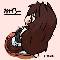 Rule 34 | 1girl, animal ears, bad id, bad pixiv id, blush, brown eyes, brown hair, chibi, from above, imaizumi kagerou, inunoko., long hair, looking at viewer, looking up, sitting, solo, tail, touhou, translation request, wolf ears, wolf tail