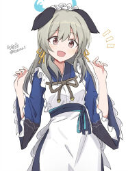 Rule 34 | 1girl, animal ears, apron, blue archive, blush, breasts, brown eyes, commentary request, dog ears, grey hair, hair between eyes, hair ornament, highres, long sleeves, looking at viewer, maid, medium breasts, shiroirosky, solo, translation request, umika (blue archive), wa maid, white background