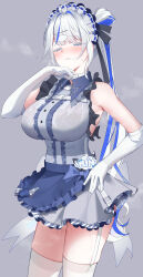 Rule 34 | 1girl, aokumo rin, apron, aqua eyes, armpits, belt, black ribbon, blue apron, blue bow, blue hair, blush, bow, breasts, character name, chest strap, choker, cloud hair ornament, colored eyelashes, ddl112332245, dress, elbow gloves, foot out of frame, frilled apron, frilled dress, frilled skirt, frills, garter straps, gloves, hair ribbon, half-closed eyes, highres, large breasts, long hair, looking at viewer, maid, maid headdress, miniskirt, multicolored hair, open mouth, pleated skirt, ribbon, see-through, see-through shirt, shirt, side ponytail, simple background, skirt, sleeveless, sleeveless shirt, solo, solo focus, standing, stellive, sweat, sweatdrop, thighhighs, thighs, two-tone hair, virtual youtuber, wet, wet clothes, wet shirt, white belt, white choker, white garter straps, white gloves, white hair, white thighhighs