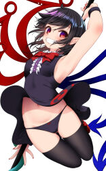 Rule 34 | 1girl, arm up, armpits, black dress, black hair, black panties, black thighhighs, blush, bow, bowtie, breasts, center frills, dress, fingernails, frills, grin, holding, holding polearm, holding weapon, houjuu nue, indica, legs folded, looking at viewer, mismatched wings, nail polish, navel, panties, pointy ears, polearm, red bow, red bowtie, red eyes, sideboob, simple background, sleeveless, sleeveless dress, small breasts, smile, solo, stomach, thighhighs, touhou, underwear, weapon, white background, wristband