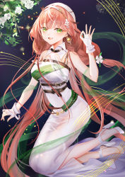Rule 34 | 1girl, absurdres, arknights, bare shoulders, black background, breasts, collar, detached collar, dress, earrings, erato (arknights), fang, fingerless gloves, flower, full body, gloves, green eyes, hair ornament, hand up, hat, high heels, highres, jewelry, long hair, looking at viewer, medium breasts, miramanul, ok sign, red hair, solo, staff (music), strapless, strapless dress, very long hair, white collar, white dress, white flower, white footwear, white gloves, white hat