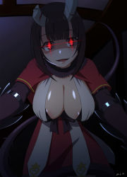 Rule 34 | + +, 1girl, black bra, black gloves, black hair, bra, breasts, broken horn, capelet, commentary request, dark, dated, demon girl, demon horns, elbow gloves, eriko (princess connect!), fur-trimmed capelet, fur trim, gloves, glowing, glowing eyes, hanging breasts, hexafluorophosphoric, horns, large breasts, leaning forward, looking at viewer, princess connect!, purple eyes, red capelet, red skirt, shirt, short hair, skirt, smile, solo, tail, underwear, white shirt