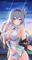 Rule 34 | 1girl, absurdres, adapted costume, bare shoulders, black hairband, black jacket, blush, city, commentary request, firefly (honkai: star rail), grey hair, hairband, hand up, highres, honkai: star rail, honkai (series), jacket, looking at viewer, navel, night, night sky, off shoulder, outdoors, panties, purple eyes, shirt, sky, sleeveless, sleeveless shirt, solo, underwear, upper body, white panties, white shirt, yeni1871