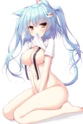 Rule 34 | 1girl, absurdres, animal ear fluff, animal ears, between legs, blouse, blue hair, blush, bottomless, breasts, cat ears, cat hair ornament, cat tail, commentary request, from side, hair ornament, hand between legs, highres, legs, long hair, medium breasts, mouth hold, navel, original, shirt, short sleeves, simple background, sitting, smile, solo, tail, twintails, wariza, white background, white shirt, yatanukikey, yellow eyes