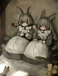 Rule 34 | 2girls, :&lt;, animal, animal ears, apron, bow, braid, brown eyes, cat, closed mouth, commentary, dot nose, dress, empty eyes, flower, flower pot, frilled apron, frills, grey dress, grey hair, hair bow, hands on own knees, hands up, highres, holding, holding flower, knees up, long hair, long sleeves, multiple girls, no pupils, on floor, original, parted lips, rabbit ears, red bow, shirokujira, sitting, symbol-only commentary, twin braids, watering can, white apron, yellow flower