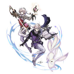 Rule 34 | 1boy, 1girl, absurdres, alisaie leveilleur, alphinaud leveilleur, black gloves, blue shirt, book, boots, brother and sister, carbuncle (final fantasy), elf, final fantasy, final fantasy xiv, gloves, highres, holding, holding weapon, hori airi, jacket, long sleeves, pointy ears, rapier, red shirt, red skirt, shirt, siblings, skirt, sword, thigh boots, thighhighs, weapon, white background, white footwear, white hair, white thighhighs