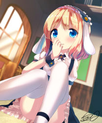 Rule 34 | 1girl, animal ears, bad id, bad pixiv id, black skirt, blonde hair, blouse, blue eyes, blush, breasts, ceiling, chair, collared shirt, commentary request, convenient leg, day, dutch angle, fake animal ears, fleur de lapin uniform, floppy ears, frilled cuffs, frilled shirt, frilled skirt, frills, gochuumon wa usagi desu ka?, hand to own mouth, headdress, highres, indoors, kirima syaro, looking at viewer, mokachino, on floor, puffy short sleeves, puffy sleeves, rabbit ears, shirt, short hair, short sleeves, signature, skirt, small breasts, solo, table, tearing up, thighhighs, tile floor, tiles, underbust, upskirt, wall, wavy mouth, white shirt, white thighhighs, window, wing collar, wrist cuffs
