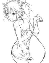 Rule 34 | 10s, 1girl, :d, anus, ass, bar censor, bent over, bikini, bikini bottom aside, blush, censored, clothing aside, female focus, from behind, hair ornament, hair ribbon, kaname madoka, looking at viewer, looking back, mahou shoujo madoka magica, monochrome, open mouth, presenting, pussy, ribbon, shinama, short twintails, simple background, sketch, smile, solo, spread anus, swimsuit, twintails, undressing, white background